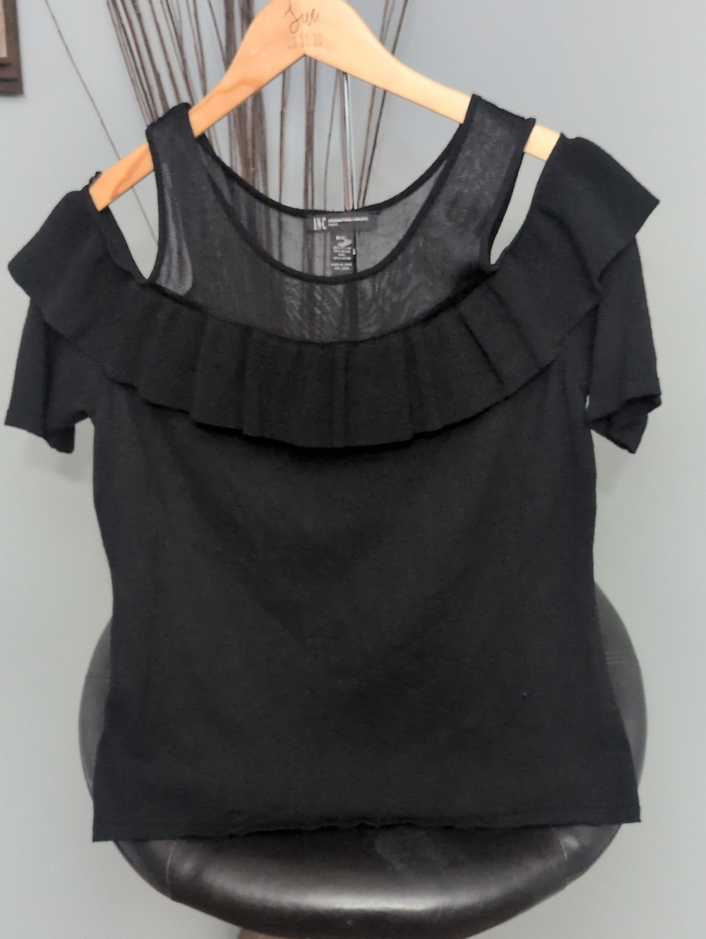 INC International Concepts Black Ruffle Cold-Shoulder Crop Top